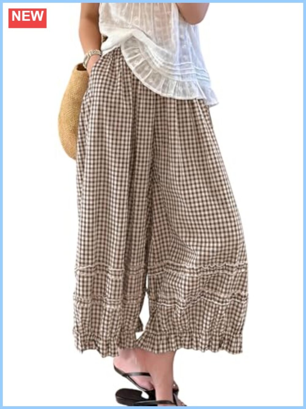 Women Summer Ruffle Hem High Rise Wide Leg Pants Cotton Linen Palazzo